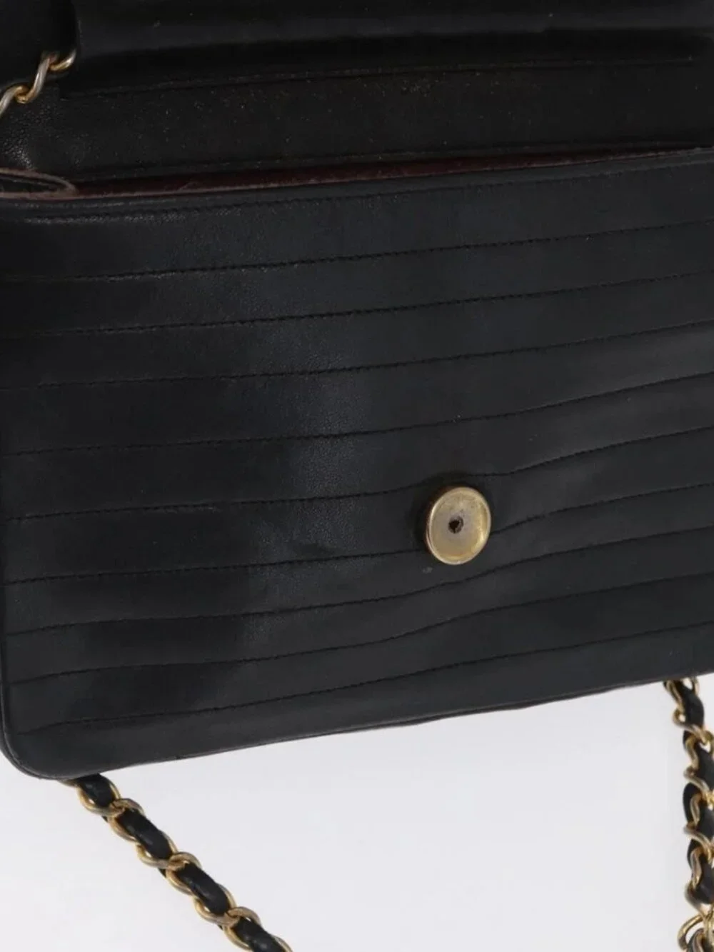 CHANEL Mademoiselle Chain Shoulder Bag Lamb Skin Black Gold CC Auth bs21196